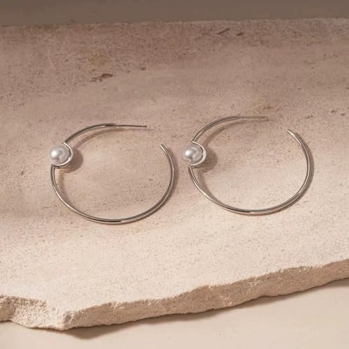 OwMell Large Hoop Earrings for Women 925 Sterling Silver Post 14K Gold Plated Big Hoops Earrings Trendy Pearl Cubic Zirconia Hoop Earrings - color: Pearl Silver