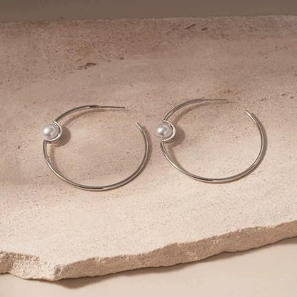 OwMell Large Hoop Earrings for Women 925 Sterling Silver Post 14K Gold Plated Big Hoops Earrings Trendy Pearl Cubic Zirconia Hoop Earrings - color: Pearl Silver