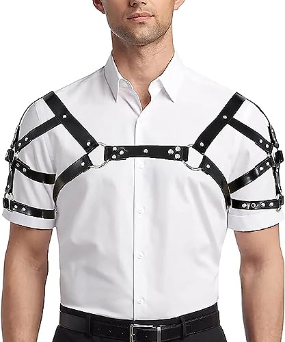 Mens Black Leather Armors Suspenders Shoulder Strap Body Chest Harness Chain Belt Adjustable Gay Punk Clubwear Costume - color: Black2