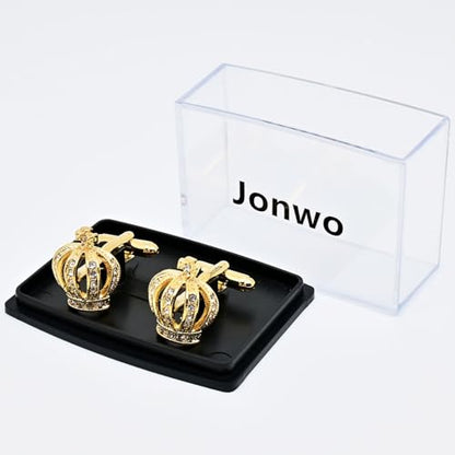 Golden Royal Crown Mens Cufflinks with Crystals In Gift Case | Novelty Style Cuff Links for Men Women Jewelry for Wedding Party Daily Office Formal or Casual Wear Business Tuxedo Dress