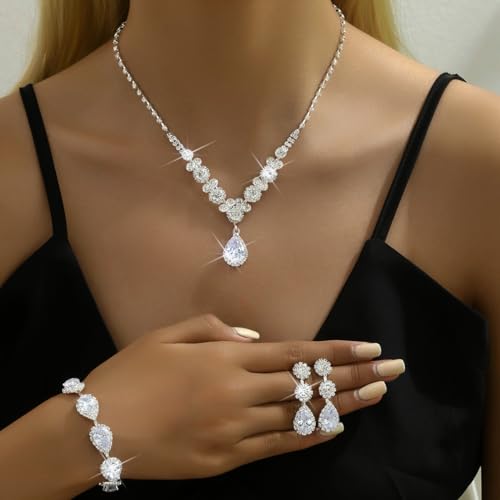Paxuan Silver/Gold Rhinestone Crystal Wedding Bridal Bridesmaids Earrings Bracelet Set for Women Brides Bridesmaids Crystal Rhinestone Bracelet Earrings Set for Wedding Bridal Prom Pageant - color: Style2 - Necklace + Earrings + Bracelet(Silver Plated Whi