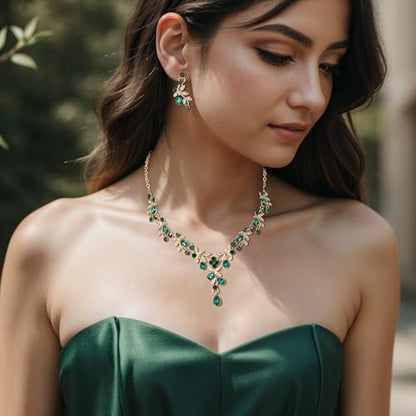 BriLove Wedding Jewelry Set for Women Bride, Y-Necklace Dangle Earrings Crystal Teardrop Leaf Flower Cluster Bridal Bridesmaid - color: 05-Emerald Color