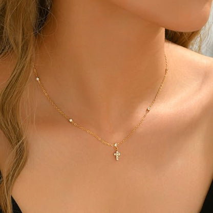Dainty 18K Gold Plated Lariat Necklace for Women Delicate Y Chain Rose Pearl Diamond Long Drop Necklace Layering Bridal Jewelry Gift - color: Tiny CZ&Cross-Gold