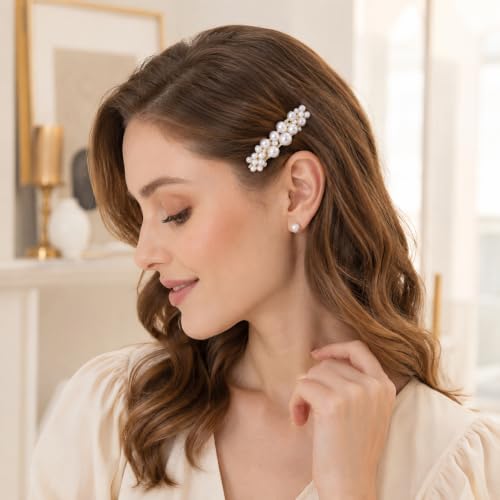 4PCS Pearl French Barrettes for Wedding, Bridal Prom | Elegant pearl hair clips| dainty accessory for women & girls |secure grip, all-day hold| ideal for birthday