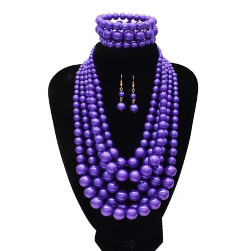 Faux Big Pearl Srand Necklaces for Women 5 Layers Pearls Choker Bib Collar Necklace Bracelet and Earrings set 1920s Costume Pearl Jewelry Bridal Wedding - color: purple