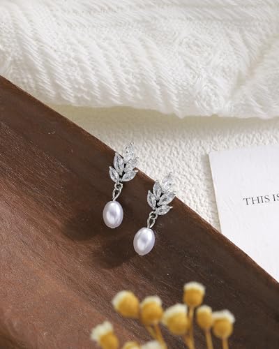 Pearl Earrings for Women, 14k Gold Plated Trendy Diamond Pearl Drop Earrings Bridal Shower Gifts Wedding jewelry for Women - color: Style A Silver