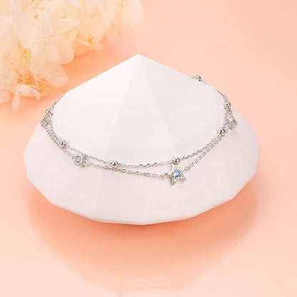 DAOCHONG Double Foot Chain Layer Ankle Bracelets for Women S925 Sterling Silver 3 Blue Stars Beads Chain Double Layer Anklet Beach Jewelry Anklet 9+1.5 inches - style: 02_Three Star