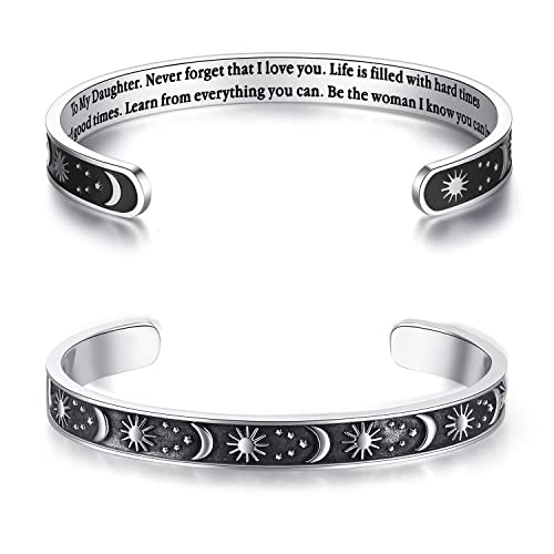 TONY & SANDY Inspirational Bracelets for Women Teen Girls Personalized Gifts for Daughter Granddaughter Mom Sister Friends Stainless Steel Engraved Cuff Birthday Easter Christmas - style: A - Daughter Gifts - Sun & Moon - Never forget that I love you...