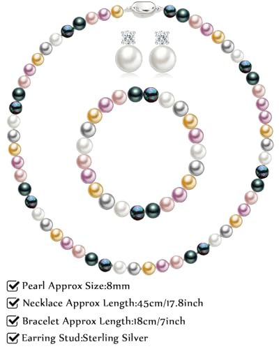 Pearl Necklaces for Women,8mm Pearl Necklace and Earring Bracelet Jewelry Set for Women Men Wedding Birthday Valentine Christmas Day Gifts - color: Mix-Color