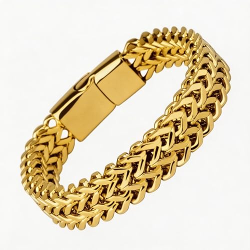 Stainless Steel Double Row Braided Cuban Chain Bracelet Men Jewelry | Bracelet Double Row Square Chain Men's Hip Hop Fashion Party Gold and Silver Chain - Gift for Husband, Son, Father - color: gold, size: 19cm