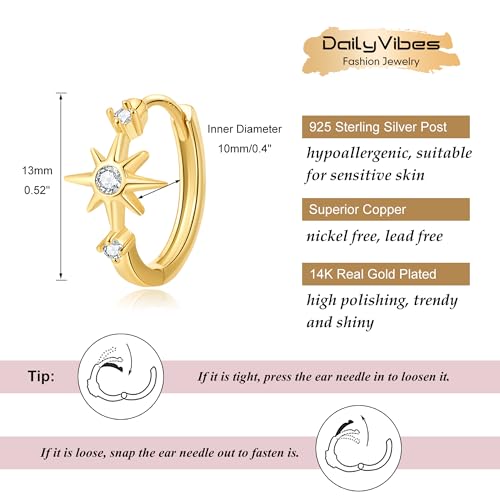 DAILY VIBES Dainty Small Star Huggie Hoop Earrings for Women Trendy | 925 Sterling Silver Post, 14K Gold or Silver Plated, Mini Cubic Zirconia, Cartilage Hoop Earrings - color: Gold Small Star