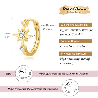 DAILY VIBES Dainty Small Star Huggie Hoop Earrings for Women Trendy | 925 Sterling Silver Post, 14K Gold or Silver Plated, Mini Cubic Zirconia, Cartilage Hoop Earrings - color: Gold Small Star