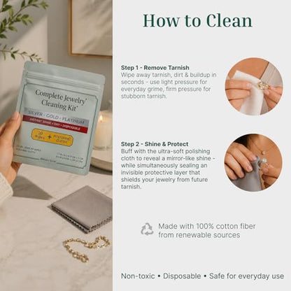 Silver Jewelry Cleaner Wipes + Large Polishing Cloth Kit | 20 Tarnish Remover Dry Disposable Wipes | Instant Shine, No Rinse | Restore Brilliance for Silver, Gold & Platinum Jewelry, Silverware & Watches