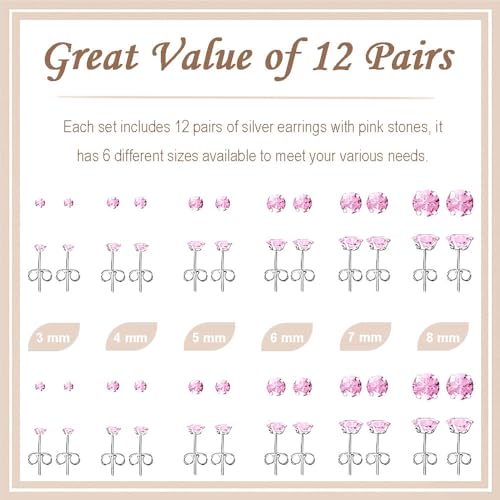 12 Pairs Stud Earrings Set, Hypoallergenic Surgical Stainless Steel 316L Earring for Women Men, Small Earring Studs Pack with Cubic Zirconia - color: Pink-6 Sizes-3，4，5，6，7，8