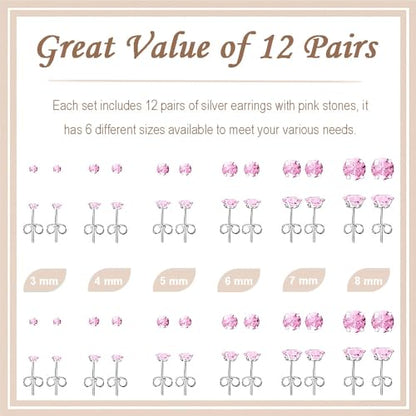 12 Pairs Stud Earrings Set, Hypoallergenic Surgical Stainless Steel 316L Earring for Women Men, Small Earring Studs Pack with Cubic Zirconia - color: Pink-6 Sizes-3，4，5，6，7，8