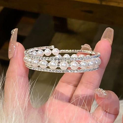Pearl Stretch Cuff Bracelet for Women Adjustable Multilaye Rhinestone Crystal Bracelet Wedding Party Brides Bridesmaid Jewelry - color: Silver Style