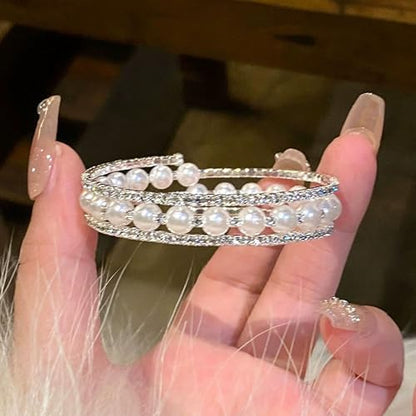 Pearl Stretch Cuff Bracelet for Women Adjustable Multilaye Rhinestone Crystal Bracelet Wedding Party Brides Bridesmaid Jewelry - color: Silver Style