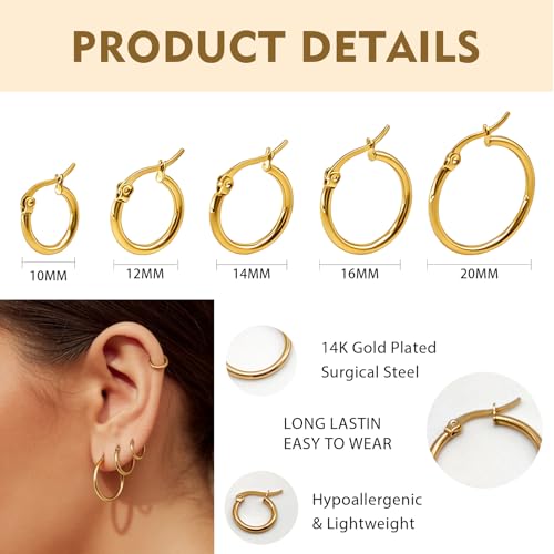 5 Pairs Silver Gold Small Hoop Earrings for Women Surgical Steel Huggie Set | 10 12 14 16 20 mm, Lightweight, Hypoallergenic, 14K Gold Plated 316L Stainless Steel Jewelry, Multiple Piercing - color: Gold/5 Pairs