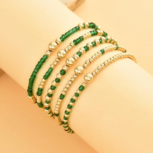 LOTSOF Bohemia Multilayer Beaded Bracelet Set, Turquoise Resin Colorful Surfer Heishi Style Elastic Spring Clasp Friendship Elastic Wristbands Summer Beach Boho Vacation Jewelry - color: Green