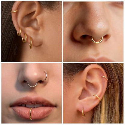 3Pcs Nose Rings Hoops for Women Men, 18G Nose Hoops Gold/Silver | Hinged Clicker Septum Rings Tragus Conch Helix Daith Lip Body Piercing Jewelry 6/8/10mm - color: 3pcs/gold/18g