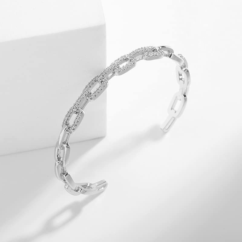 14K Gold Moissanite Open Bangle Bracelet for Women,Sparkling Geometric Moissanite Chain Open Cuff Bangle,Fashion Christmas Jewelry Gift for Her - color: White Gold
