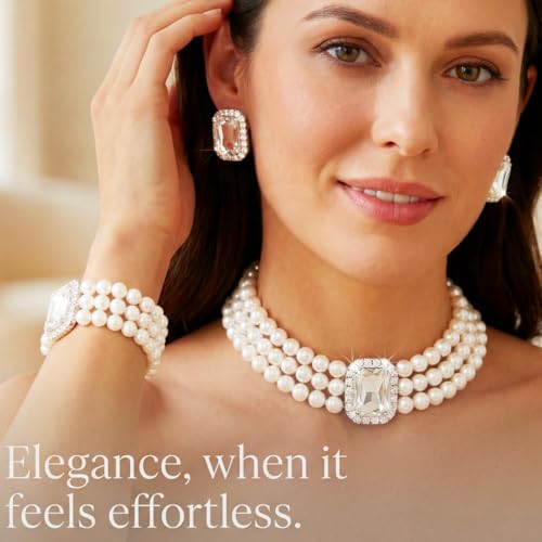 Brishow Pearl Necklace Jewelry Set Wedding Pearls Earrings Necklaces Set Bridal Crystal Bracelet Jewelry for Women (Pack of 3) - color: Silver, size: 3 Layered