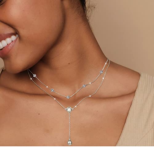 FLYOW Layered Necklace S925 Sterling Silver Y Shaped Jewelry - style: One Round CZ Style