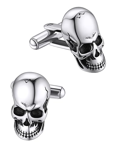 FaithHeart Mens Cufflinks, Norse Viking Tuxedo Shirt Cuff Links, Stainless Steel Cuff Links and Shirt Studs, Gift Box - style: 05. Skull Head-Silver