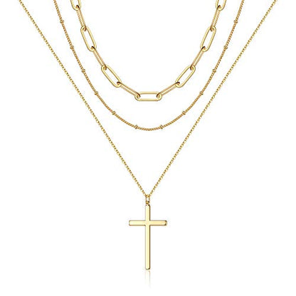 Turandoss Dainty Layered Choker Necklace, Handmade Y Pendant Necklace Multilayer Bar Disc Necklace Adjustable Layering Choker Necklaces for Women - style: 3PCS - Link Chain&Beads Chain&Cross