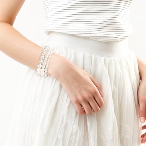 6 PCS White Pearl Bracelets, Elastic Faux Pearl Bracelet Stretch, Stackable Fake Pearls Bead Bracelets Bridesmaid for Women Daily Wear Bridal Wedding Party Gift (10/8/6/5 mm Pearl)
