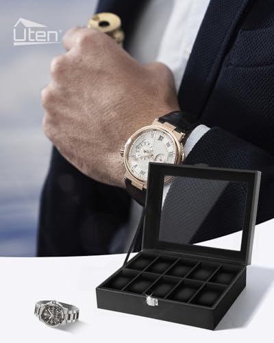 Uten Watch Box 10 Slots for Men, Leather, Large Glass Lid Black | Watch Jewelry Display Case, Fit Watch Size up to 48mm, Removable Pillows, Metal Clasp, Velvety Inner Lining, Gifts - color: Black, size: 10 Slots
