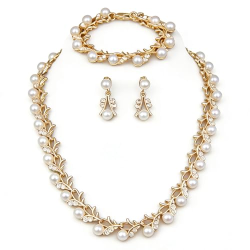 Bridal and Bridesmaid Pearl and Rhinestone Jewelry Set Crystal Necklace, Bracelet And Earrings Collection, Bohemian Adjustable Beaded Crystal for Women - style: Golden vine
