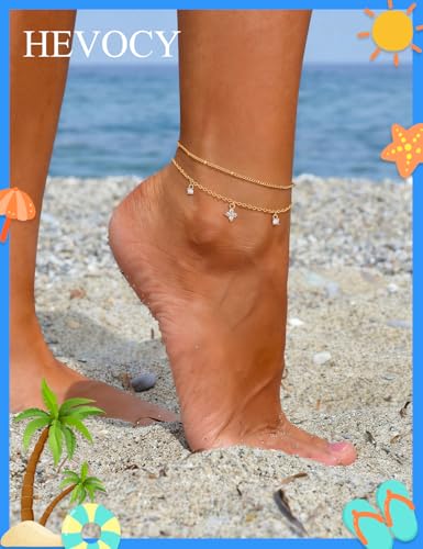 Gold Anklet Set for Women, Layered Beach Anklets | Layered gold-tone ankle bracelets, designed for beach days, vacations, and summer wear - style: Gold Anklet 3