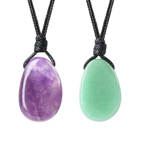 Natural Gemstone Pendant Necklace Healing Crystal Stone Choker Necklace Adjustable Waxed Black Rope for Men - color: 2pcs(Amethyst+Green Aventurine)