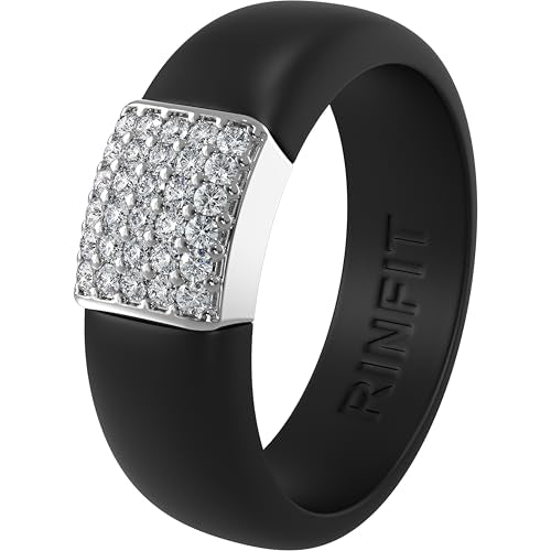 Rinfit Silicone Ring with Metal Plate & CZ for Women | AAAAA Grade Cubic Zirconia Stones, Flexible Rubber Wedding Band, Comfortable Fit, Engagement Ring for Her, Patented Design - color: Pack A: Black and Silver