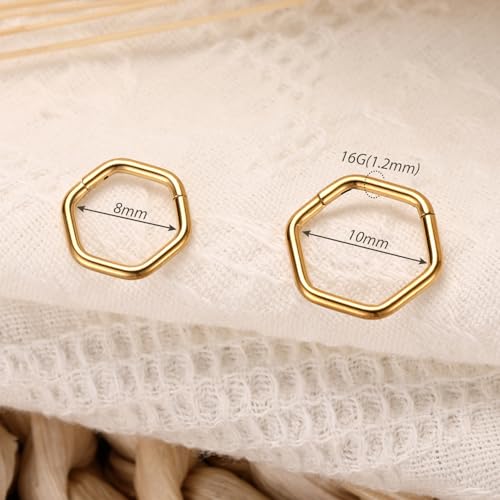 FUNLMO Septum Ring Nose Ring Daith Piercing Jewelry 316L Surgical Steel Hexagon Septum Jewelry Tragus Helix Rook Cartilage Conch Piercing Jewelry - color: Gold