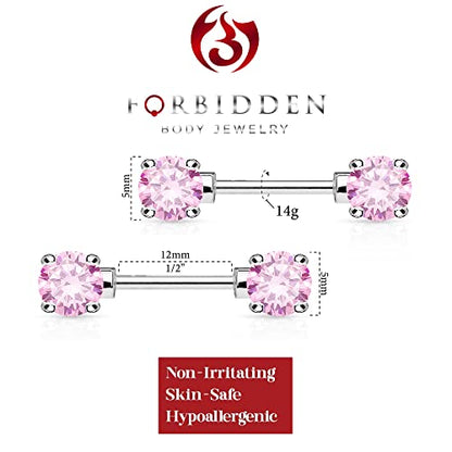 Forbidden Body Jewelry 14g 1/2 Inch (12mm) Surgical Steel & Gold Plated CZ Crystal Front Facing Gemmed Nipple Ring Barbell Set - style: Pink