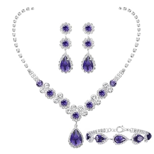Paxuan Silver/Gold Rhinestone Crystal Wedding Bridal Bridesmaids Earrings Bracelet Set for Women Brides Bridesmaids Crystal Rhinestone Bracelet Earrings Set for Wedding Bridal Prom Pageant - color: Purple