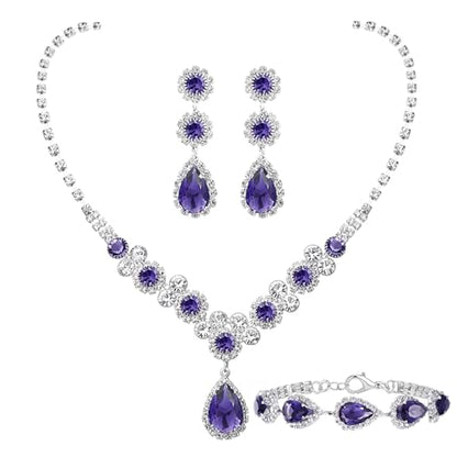Paxuan Silver/Gold Rhinestone Crystal Wedding Bridal Bridesmaids Earrings Bracelet Set for Women Brides Bridesmaids Crystal Rhinestone Bracelet Earrings Set for Wedding Bridal Prom Pageant - color: Purple