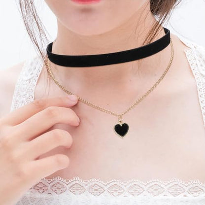 Fesciory Black Necklaces for Women, Adjustable Layered Velvet Leather Lace Collar Necklace, Goth Jewelry Gifts. - color: Gold Chain Heart1