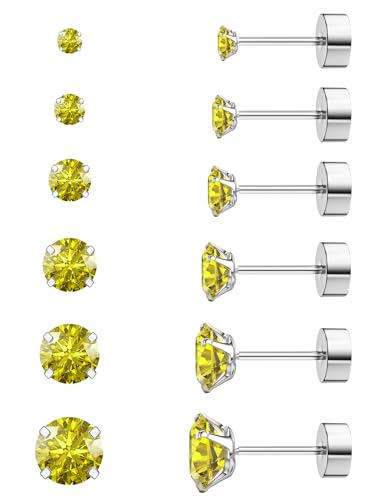 6 Pairs Hypoallergenic Cubic Zirconia Earrings Surgical Steel Flat Back Studs for Cartilage, Screw Back Fashion Jewelry - color: A-012-Yellow