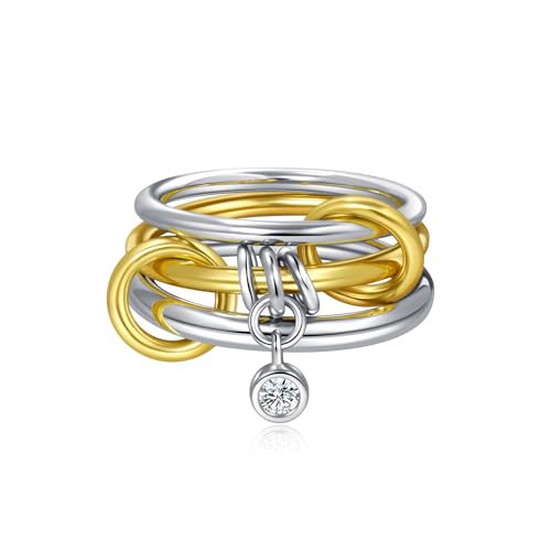 TLY Stackable Gold Rings for Women Interlocking Ring Stack Set non tarnish | 18K Gold Silver Plated Mixed Metal Statement Rings Waterproof Cubic Zirconia Fashion Connected Band Thumb Ring Size 4-11 - color: 06.Piera set