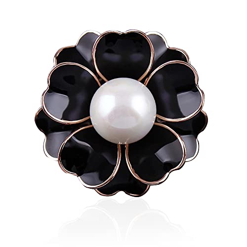 Women Camellia Flower Pearl Enamel Brooch Pins for Ladies Jewelry Fashion - color: Black