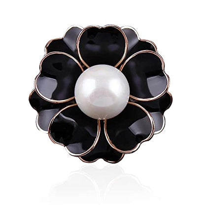 Women Camellia Flower Pearl Enamel Brooch Pins for Ladies Jewelry Fashion - color: Black