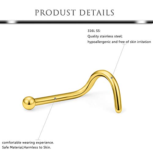 Hoeudjo Nose Studs Surgical Steel Cubic Zirconia Nose Rings Kit for Women Men Tiny Nose Stud Screw & Bone & L Shaped Nostril Rings Piercing Jewelry 22 Gauge 16 Pieces - color: screw nose ring, gold-tone