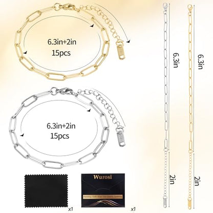 Wurosi 30PCS 18K Gold Plated Charm Bracelet Chains 6.3Inch Stainless Steel Bracelets Chain Bulk Link Bracelet with Lobster Clasps for Women DIY Bracelets Crafts Supplies(Gold+Silver) - color: Bracelets 30 PCS Gold+Silver
