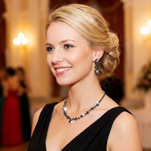 Unicra Bride Crystal Necklace Earrings Set Bridal Wedding Jewelry Sets Rhinestone Choker Necklace Costume Jewelry Set for Women and Brides - color: Black