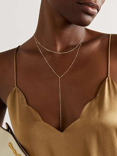 Foxgirl Lariat Gold Necklace for Women, Dainty Long Necklace 14k Gold Plated/Silver Y-Shaped Pendant Necklace Trendy Layered Cz Beaded Chain Drop Necklaces Simple Gold Jewelry For Women Gift - color: sterling silver Y Necklace