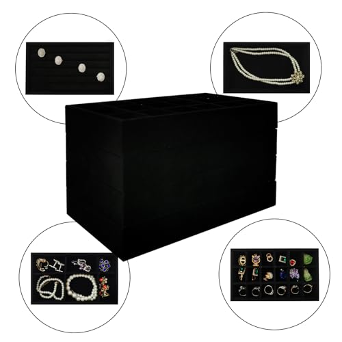 Stackable Jewelry Trays Velvet Drawer Organizer Inserts Tray Jewelry Storage Display Case for Rings,Stud Necklaces,Earrings (Black) - color: Black