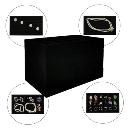 Stackable Jewelry Trays Velvet Drawer Organizer Inserts Tray Jewelry Storage Display Case for Rings,Stud Necklaces,Earrings (Black) - color: Black